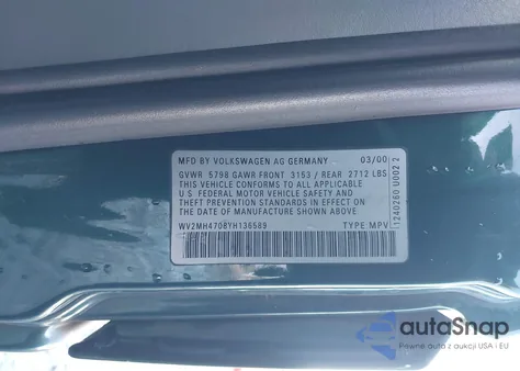 2000 Volkswagen Eurovan Mv from USA, damaged, VIN WV2MH4708YH136589